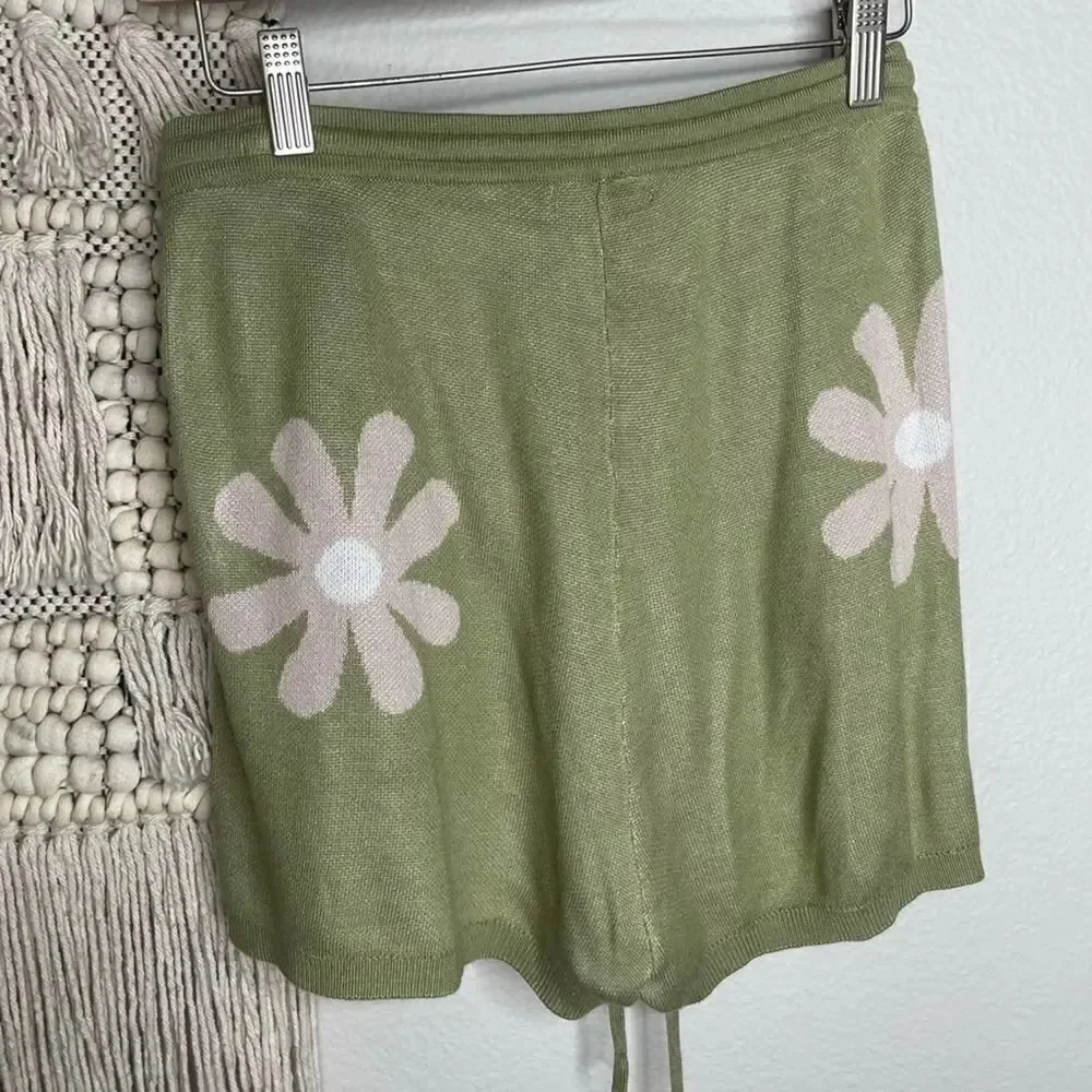 Ekouaer Green Knit Flower Print Shorts